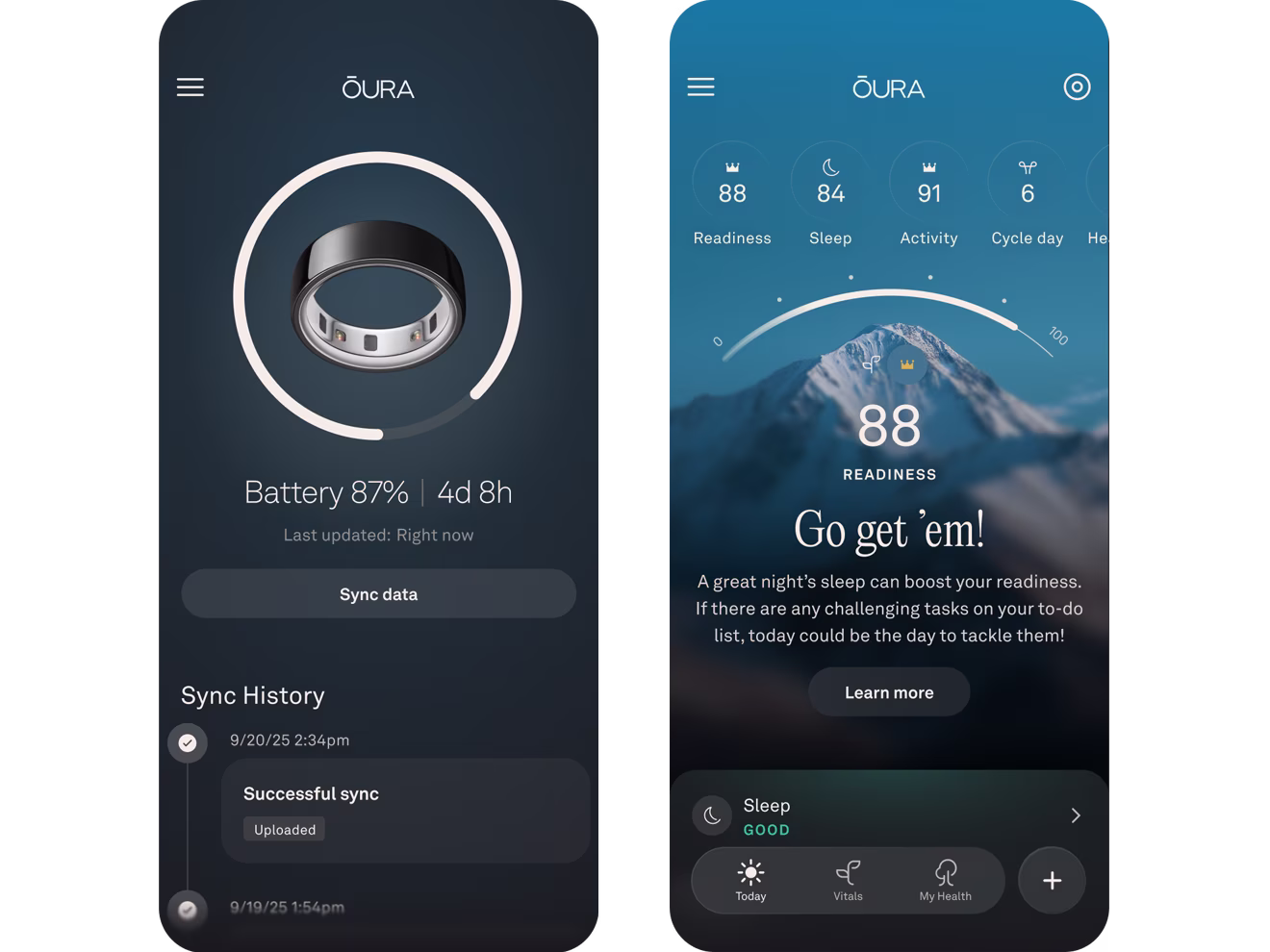 Oura App home screen and Oura Advisor screen